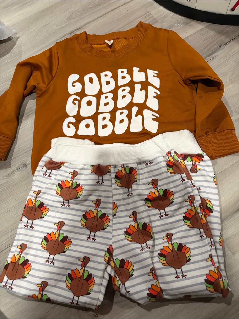 Kids Gobble Gobble Orange Turkey Sweatshirt and Turkey-Print pant Set thanksgivi